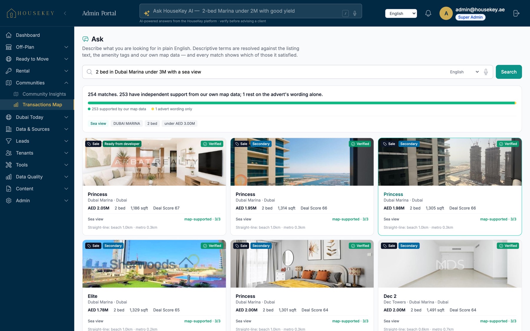 Ask: a plain-English question about Dubai Marina, with the filters it understood and how many matches have independent map support.
